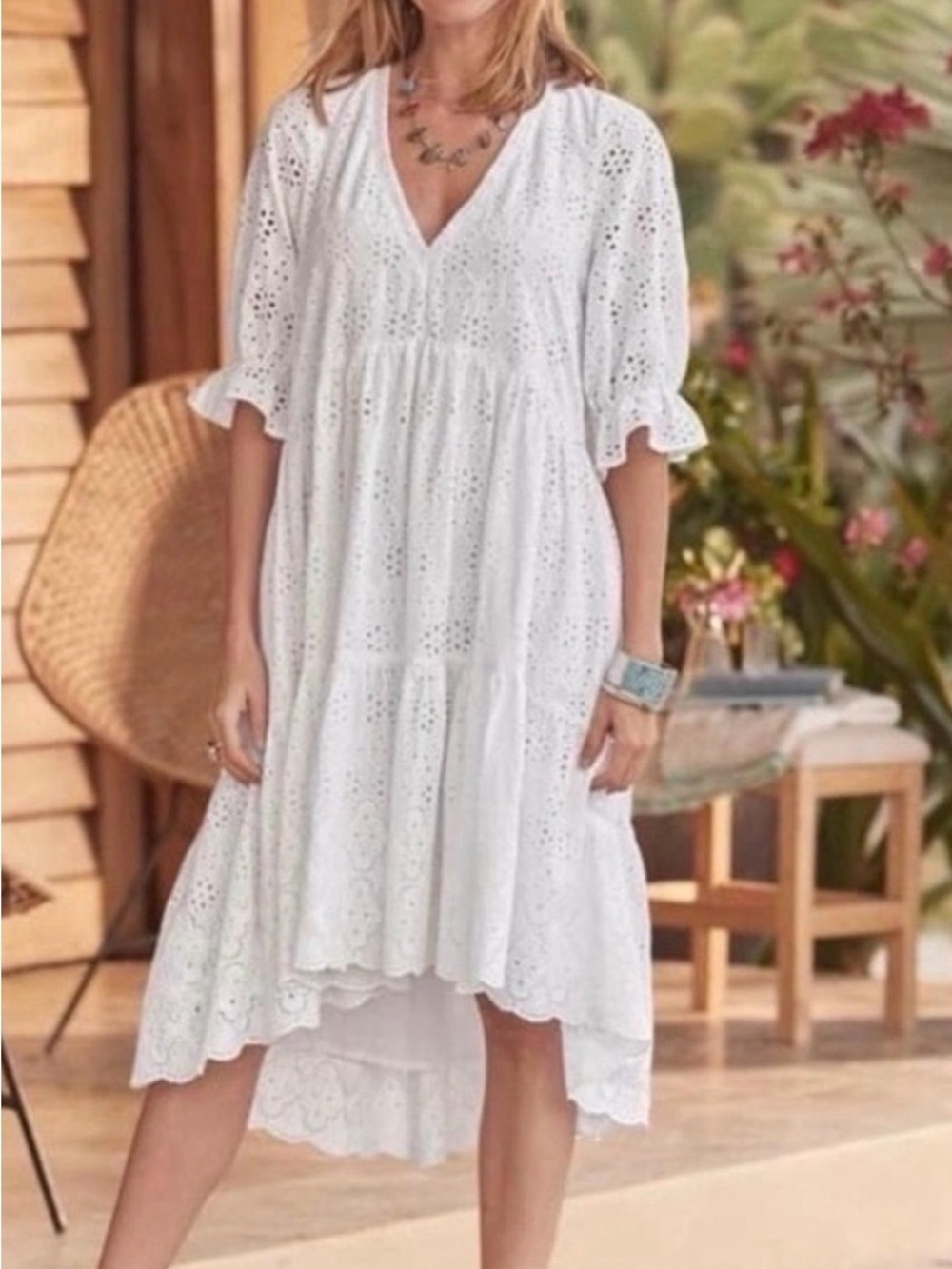 Sundance White Eyelet Jasmine High-Low V-Neck Midi Dress